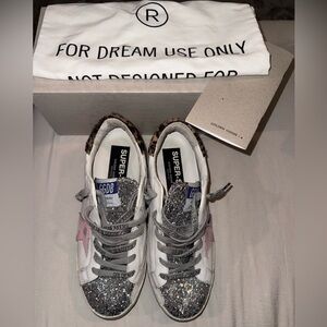 Golden Goose Silver Glitter Sneakers with Pink Star